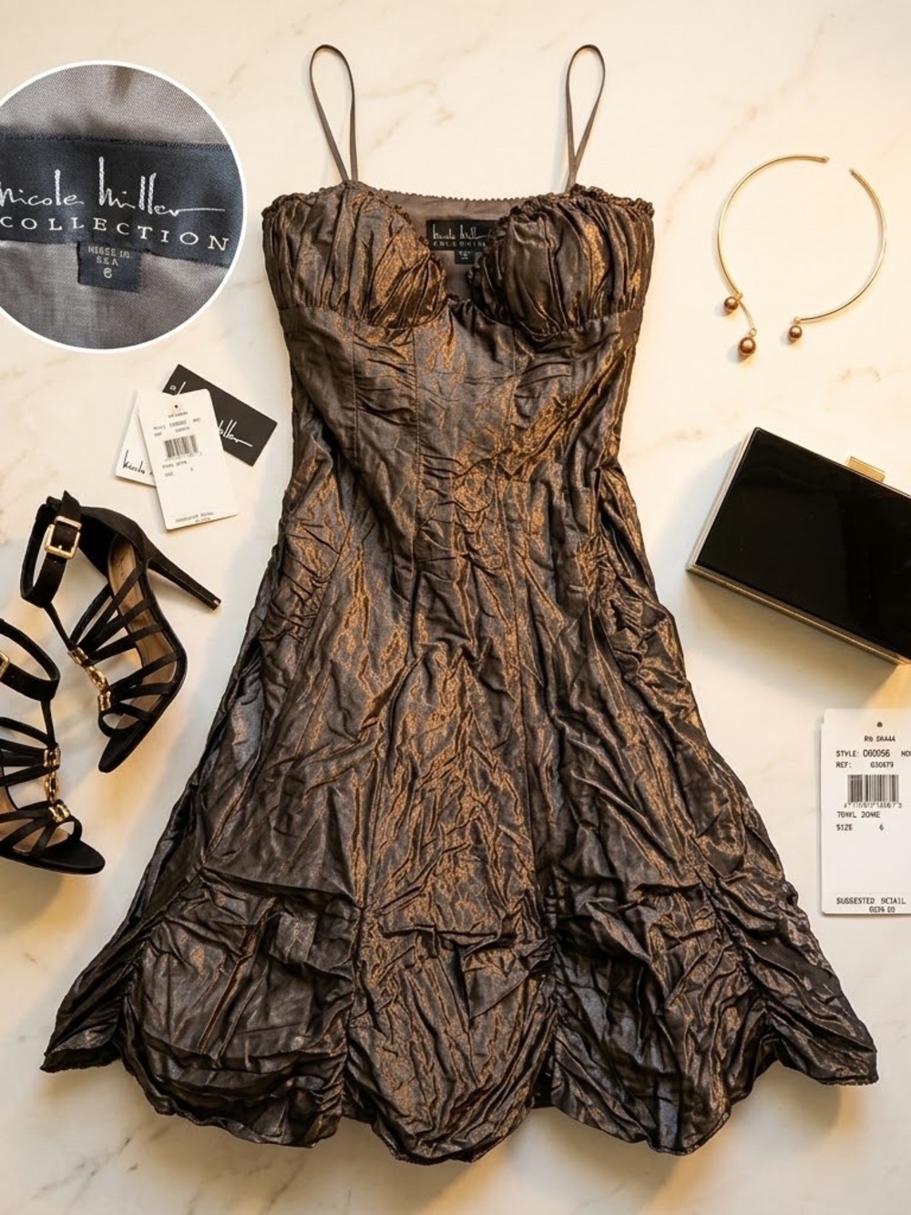 Nicole Miller Metallic Bronze Crinkle Taffeta Corset Strapless Dress 6 NWT